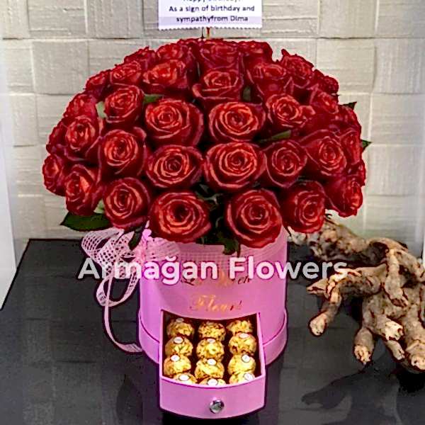 Alanya Florist - 51 Roses in Box and Chocolate 